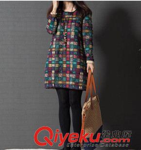 亞麻/棉麻長袖連衣裙 2015早春新款大碼文藝女裝格紋印花圓領(lǐng)打底連衣裙女
