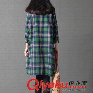 亞麻/棉麻長袖連衣裙 2015 秋裝新款韓版大碼寬松文藝范布衣格紋長袖棉麻連衣裙 女