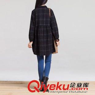 亞麻/棉麻長袖連衣裙 2015秋裝新款大碼女裝棉麻襯衣 中長款寬松長袖娃娃領(lǐng)格紋襯衫