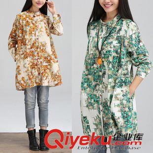 亞麻/棉麻長袖連衣裙 2015早秋新款棉麻印花長袖寬松大碼布衣風格襯衣