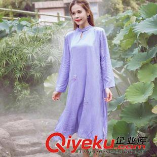 亞麻/棉麻長袖連衣裙 15新品復(fù)古棉麻不規(guī)則連衣裙 中式盤扣雙層假兩件旗長袍長袍
