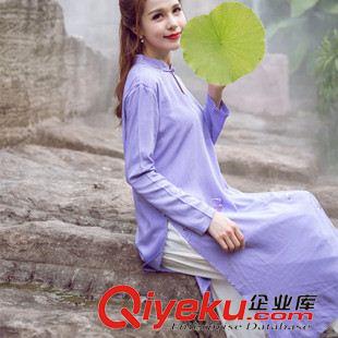 亞麻/棉麻長袖連衣裙 15新品復(fù)古棉麻不規(guī)則連衣裙 中式盤扣雙層假兩件旗長袍長袍