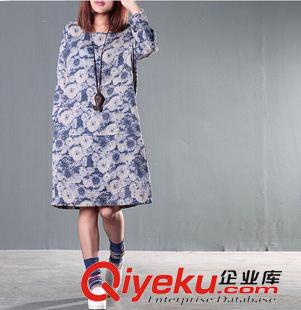 亚麻/棉麻长袖连衣裙 原创棉麻女装文艺范复古江南布衣民族风大码宽松长袍子印花连衣裙