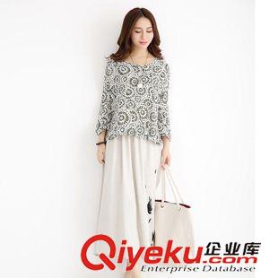 亞麻/棉麻長裙/拖地裙 寬松棉麻上衣印花打底衫文藝?yán)C花大擺裙子長款半身裙兩件套原始圖片2