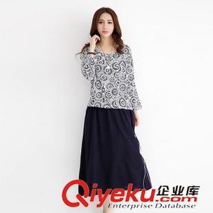 亞麻/棉麻長裙/拖地裙 寬松棉麻上衣印花打底衫文藝?yán)C花大擺裙子長款半身裙兩件套原始圖片3