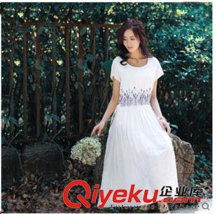 亞麻/棉麻長(zhǎng)裙/拖地裙 2015春夏新款文藝系帶繡花收腰顯瘦長(zhǎng)款短袖連衣裙