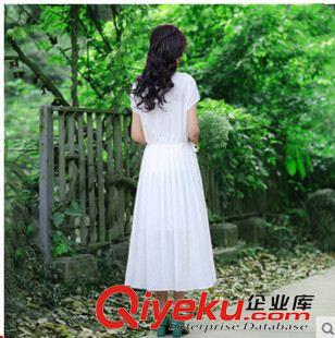 亞麻/棉麻長(zhǎng)裙/拖地裙 2015春夏新款文藝系帶繡花收腰顯瘦長(zhǎng)款短袖連衣裙