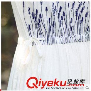 亞麻/棉麻長(zhǎng)裙/拖地裙 2015春夏新款文藝系帶繡花收腰顯瘦長(zhǎng)款短袖連衣裙