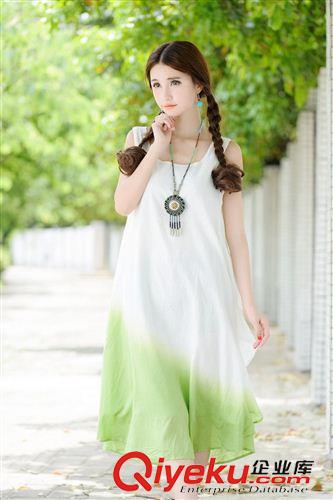 亞麻/棉麻長裙/拖地裙 2015夏裝新款文藝范民族風(fēng)漸變?nèi)撅h散逸背心連衣裙長裙送腰帶原始圖片3