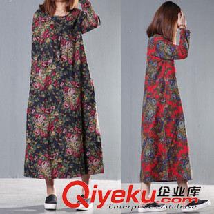 亞麻/棉麻長裙/拖地裙 2015秋季新款文藝復(fù)古民國風(fēng)印花寬松大碼長袖袍子連衣裙長裙