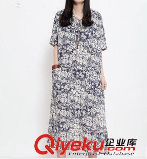 亚麻/棉麻长裙/拖地裙 2015春夏新款韩版dmmm女装宽松复古印花连衣裙 文艺中长款裙