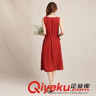 亚麻/棉麻长裙/拖地裙 2015夏装新款女装韩版中长款背心连衣裙圆领棉麻纯色连衣裙