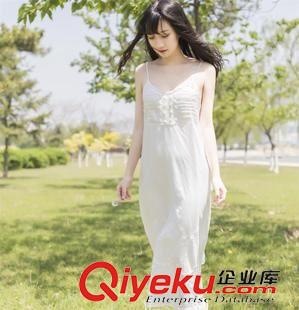 亞麻/棉麻長裙/拖地裙 實拍2015森女系文藝清新寬松純棉刺繡吊帶白色長裙仙女裙原始圖片2