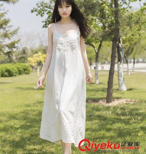 亞麻/棉麻長裙/拖地裙 實拍2015森女系文藝清新寬松純棉刺繡吊帶白色長裙仙女裙原始圖片3