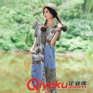 亞麻/棉麻長裙/拖地裙 2015夏原創(chuàng)民族風(fēng)女裝水洗棉麻拼接短袖寬松連衣裙原始圖片2