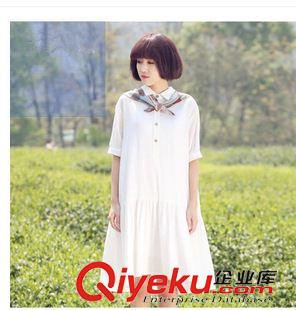 亞麻/棉麻長裙/拖地裙 2015新款 文藝小清新棉麻寬松學(xué)院風(fēng)荷葉邊短袖中長連衣裙