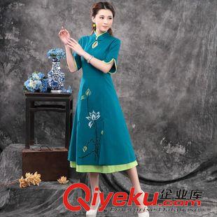 亞麻/棉麻長(zhǎng)裙/拖地裙 廠家直銷2015夏季棉麻新款女裝寬松大碼文藝范圓領(lǐng)短袖長(zhǎng)裙連衣裙