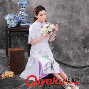 亞麻/棉麻長裙/拖地裙 森女文藝 手繪印花 復(fù)古棉麻中式盤扣長款假兩件連衣裙原始圖片3