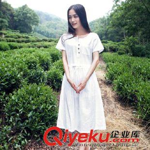 亞麻/棉麻長裙/拖地裙 廠家直銷2015夏季棉麻新款女裝寬松大碼文藝范圓領(lǐng)短袖長裙連衣裙