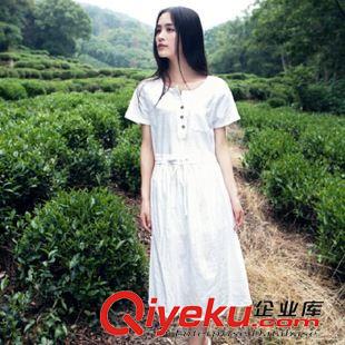 亞麻/棉麻長裙/拖地裙 廠家直銷2015夏季棉麻新款女裝寬松大碼文藝范圓領(lǐng)短袖長裙連衣裙