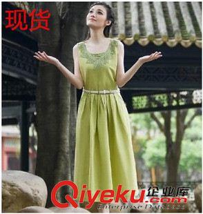 亞麻/棉麻長(zhǎng)裙/拖地裙 夏季新品 刺繡圓領(lǐng)文藝無(wú)袖森女連衣群背心中長(zhǎng)裙連衣裙6200