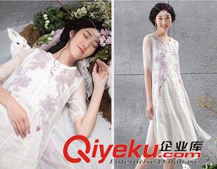 亞麻/棉麻長裙/拖地裙 2015夏新款 拼桑蠶絲繡花假兩件亞麻長裙連衣裙 短袖文藝范