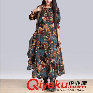 亞麻/棉麻長(zhǎng)裙/拖地裙 2015新款民族風(fēng)女裝棉麻文藝范不規(guī)則連衣裙民族風(fēng)拼接亞麻