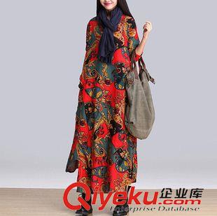 亞麻/棉麻長(zhǎng)裙/拖地裙 2015新款民族風(fēng)女裝棉麻文藝范不規(guī)則連衣裙民族風(fēng)拼接亞麻