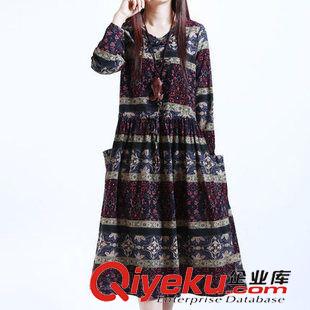 亞麻/棉麻長(zhǎng)裙/拖地裙 2015新款民族風(fēng)女裝棉麻文藝范不規(guī)則連衣裙民族風(fēng)拼接亞麻