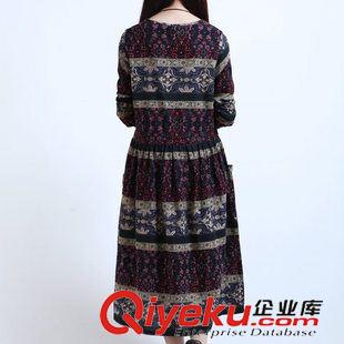 亞麻/棉麻長裙/拖地裙 2015秋裝新品復(fù)古文藝大碼可收腰顯瘦 胖mm盤扣棉麻長袖連衣裙女原始圖片2