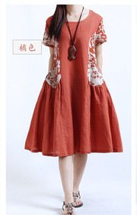 亞麻/棉麻長(zhǎng)裙/拖地裙 2015夏季新款韓版大碼女裝拼印花寬松棉麻中長(zhǎng)款布衣風(fēng)格連衣裙原始圖片2