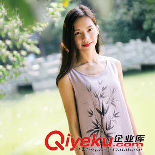 亞麻/棉麻長裙/拖地裙 原創(chuàng)文藝棉麻女裝 印花假兩件雙層大擺無袖背心棉麻連衣裙