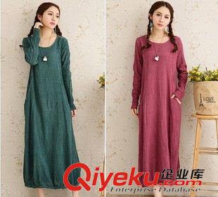 亞麻/棉麻長裙/拖地裙 原創 秋季新款棉麻女裝 新品純色連衣裙 文藝圓領長袖連衣裙