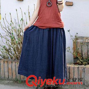 亞麻/棉麻半身裙 2015夏季女裝新款文藝松緊系帶腰寬松純色棉麻百褶半身裙長裙原始圖片2