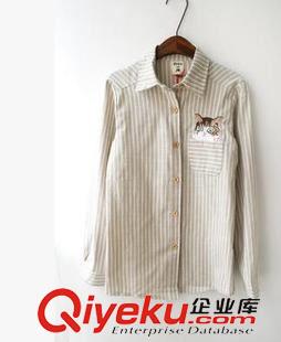 亞麻/棉麻T恤/襯衣/背心 2015春新日系森女甜美打底長袖棉條紋貓咪繡花襯衫新款原始圖片3