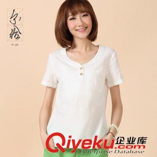 亞麻/棉麻T恤/襯衣/背心 棉麻森女系女式圓領短袖純色棉麻T恤 森女女裝批發