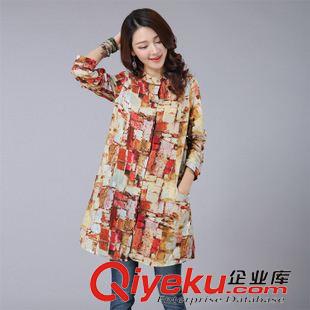 亞麻/棉麻T恤/襯衣/背心 外貿(mào)秋季新款歐洲站女裝 復古印花立領襯衣中長款長袖棉麻襯衫女