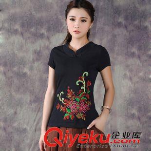 亞麻/棉麻T恤/襯衣/背心 2015民族風女士棉麻女裝春秋寬松刺繡盤花棉麻九分袖 上衣