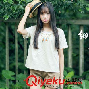 亞麻/棉麻T恤/襯衣/背心 2015夏新款文藝寬松亞麻五分袖女裝上衣 棉麻中袖純色V領(lǐng)衫