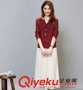 亞麻/棉麻套裝 2015秋裝新款女神時尚棉麻長袖T恤+中長裙兩件套套裝