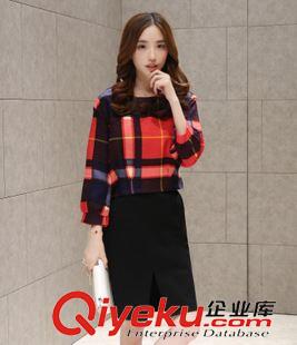 2015新款秋冬連衣裙 2015秋季新品韓版修身時尚圓領格子長袖女式休閑兩件套秋裝原始圖片2