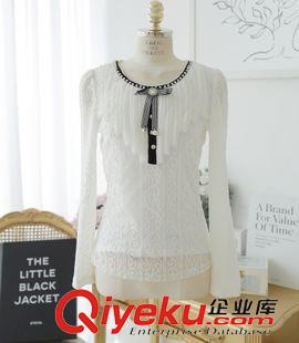 長(zhǎng)袖蕾絲雪紡打底衫 2015秋裝新款韓版女裝蕾絲衫白色圓領(lǐng)長(zhǎng)袖打底衫修身上衣一件代發(fā)原始圖片3