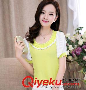 短袖雪紡衫蕾絲衫 新品實拍2015夏裝新款韓版女裝修身鑲鉆短袖t恤雪紡衫打底衫