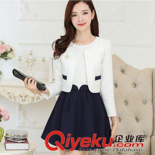 9月3期新品 2015秋裝新款女裝修身顯瘦無袖連衣裙套裝 時尚長袖小西服兩件套