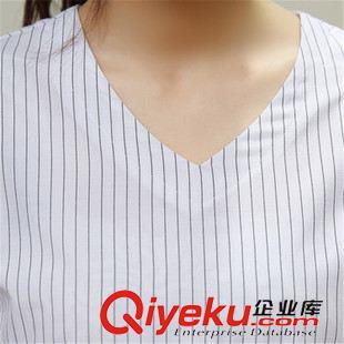 8月6期新品 東大門秋季新品條紋長袖V領襯衣中長款半身裙淑女兩件套連衣裙原始圖片3