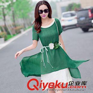 6月4期新品 2015夏季大碼女裝新款假兩件棉麻連衣裙韓版文藝氣質(zhì)短袖長款裙子原始圖片2