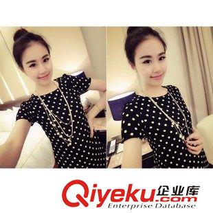 2015春季新品 2015新款女裝韓版氣質圓點修身短袖連衣裙荷葉邊短裙女打底原始圖片2