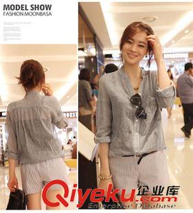 2015夏季新品 廠家直銷2015夏裝新款防曬衣日系小清新寬松七分袖立領亞麻襯衣