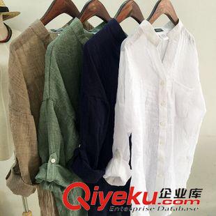 2015夏季新品 廠家直銷2015夏裝新款防曬衣日系小清新寬松七分袖立領亞麻襯衣