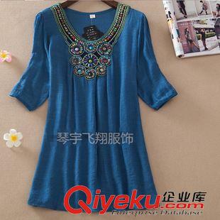 火拼專區(qū) 2015夏季時尚訂珠刺繡民族風胖妹妹大碼女裝竹節(jié)棉中長款連衣裙原始圖片2
